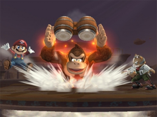 <a href = https://www.mario64.nl/Nintendo64_Donkey_Kong_64.htm target = _blank>Donkey Kong</a> geeft Mario en Fox een pak rammel met zijn DK bongos.