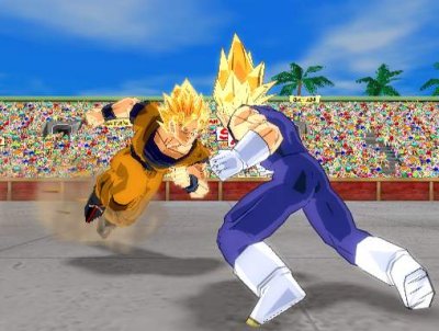 Hier zie je Goku en Vegeta tegen elkaar vechten en het gaat best gelijk op.