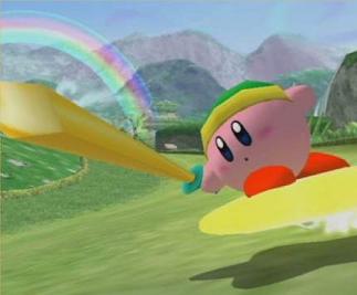 Onze schattige Kirby schiet door de lucht op een ster!
