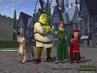 Van links naar rechts: Donkey, Shrek, Princess Fiona en King Harold