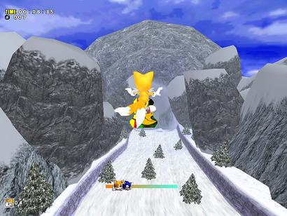 Dette ligner Sonic Riders! Nederst kan du se en bjælke, der viser, hvor du og Sonic er. Det er praktisk, for i Tails’ niveauer skal du være hurtigere end Sonic!